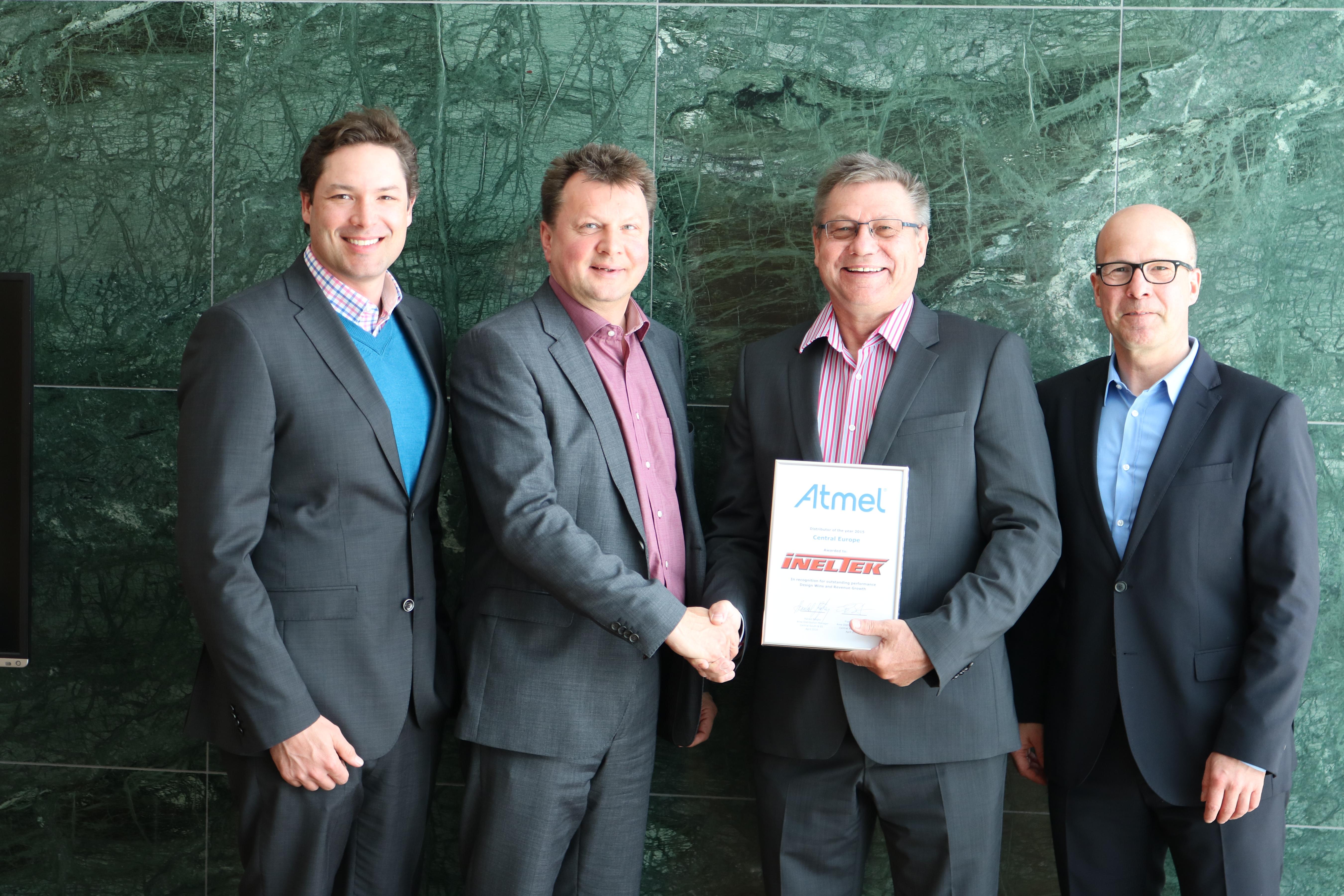 View from left: Marcel Hametner, Key Account Distribution Manager Atmel; Harald Riegler, Area Distribution Manager Central South & EE Atmel; Bernhard Sonnentag, Managing Director Ineltek; Frank Sauber,  Area Distribution Manager Central North & RUMEA Atmel
